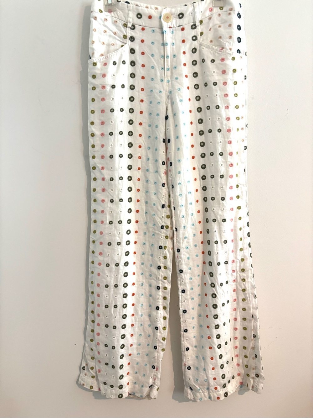 ETT:TWA by Anthropologie Linen Size 2 Wide Leg White Eyelet Polka Dot Pants - Picture 5 of 10